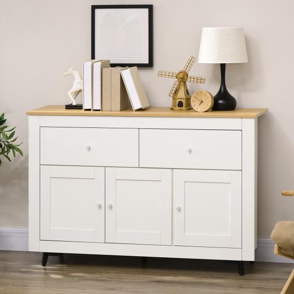 Aparador Móvel Auxiliar de Cozinha com 2 Gavetas 3 Portas e Prateleira Ajustável Móvel de TV de até 50 Polegadas 117x35x80 cm Branco e Madeira
