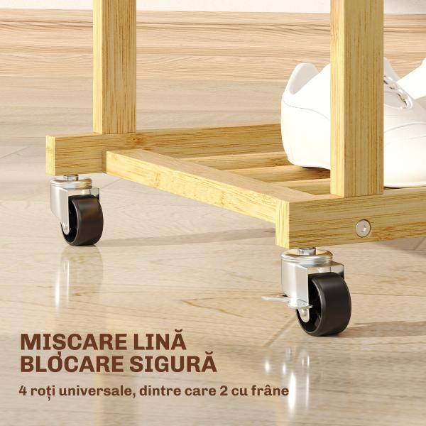 Charriot com Rodas de Bambu com Sapateira 2 Barras para Pendurar para Entrada Corredor Quarto 80x40x160 cm Madeira