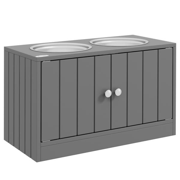 Comedouro Elevado Cinzento para Cães Grandes com 2 Tigelas de 2L, 2 Portas e Arrumação, 60x30x35,5 cm