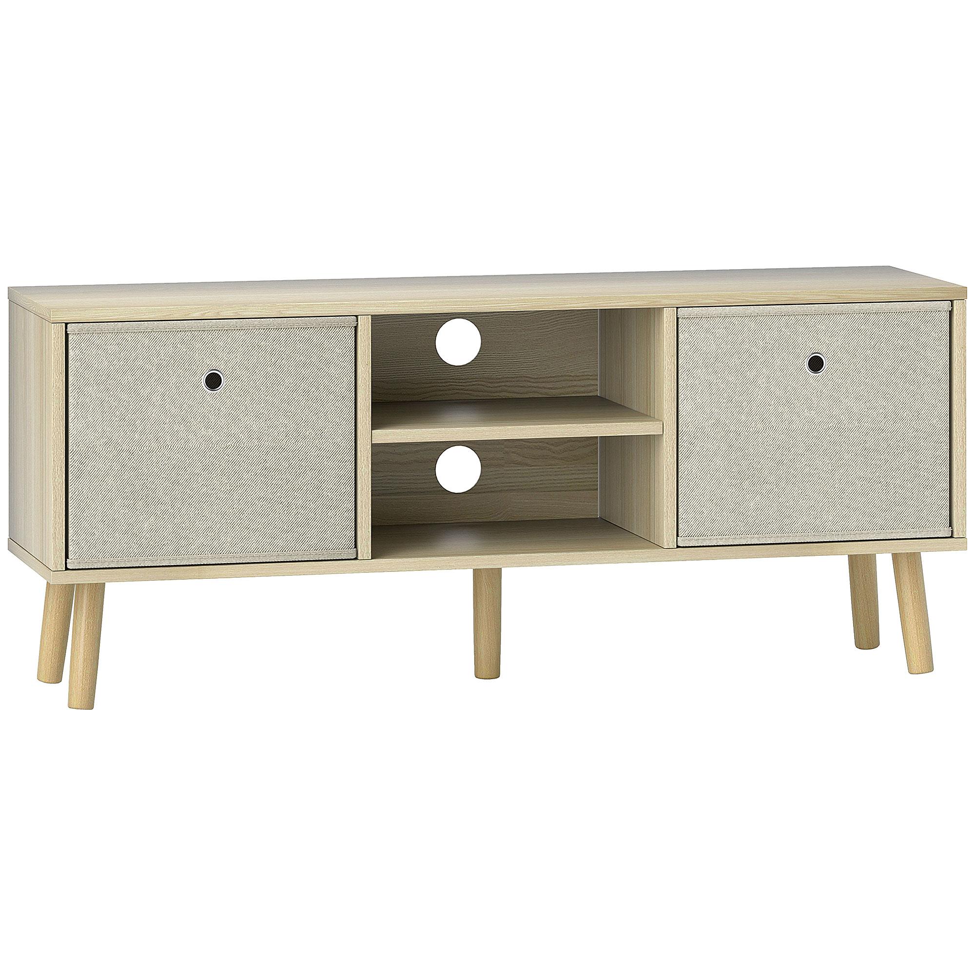 Móvel de TV para Televisores de até 50 Polegadas com 2 Gavetas de Tecido 2 Prateleiras Abertas 110x29x46,5 cm Madeira Clara e Bege