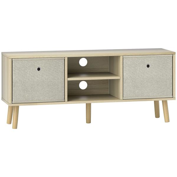 Móvel de TV para Televisores de até 50 Polegadas com 2 Gavetas de Tecido 2 Prateleiras Abertas 110x29x46,5 cm Madeira Clara e Bege