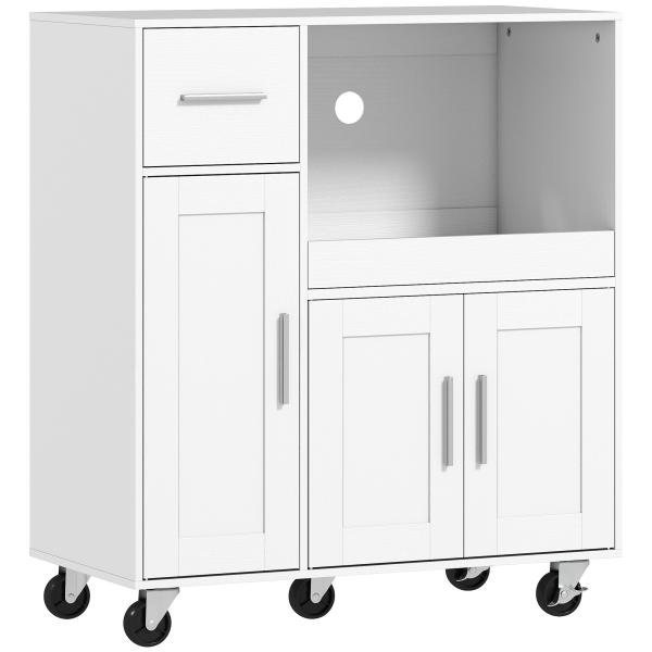 Móvel Auxiliar de Cozinha com Rodas para Microondas com Bandeja Deslizante Gaveta 3 Portas Prateleira Ajustável 80x40x88,7 cm Branco