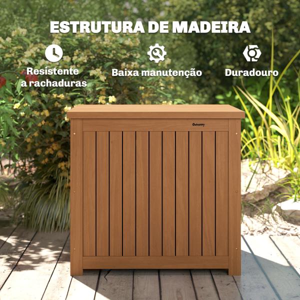 Baú de Exterior em Madeira 130L Arca de Armazenamento com Forro Tampa Articulada e Correia 63x51x58,5 cm Castanho