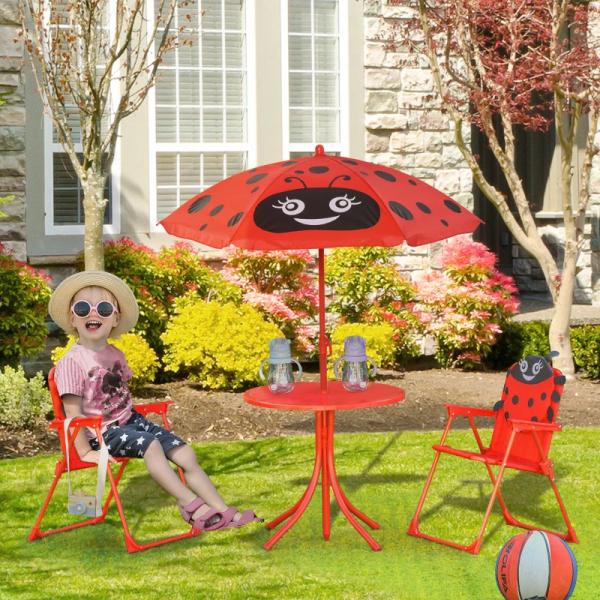 Conjunto de Mesa e Cadeira de Jardim Conjunto de Picnic Dobrável para Crianças Conjunto de Mesa com Chapéu de Sol com Altura Ajustável 100 - 125cm Desenho de Joaninha Vermelho