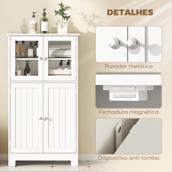 Armário Casa de Banho Móvel Auxiliar com Portas de Vidro Temperado e Prateleiras Ajustáveis 60x30x108,5cm Branco