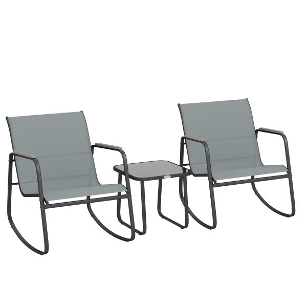 Conjunto de Jardim de 3 Peças com 2 Cadeiras de Balanço e Mesa com Tampo de Vidro e Estrutura de Aço para Pátio, Cinza