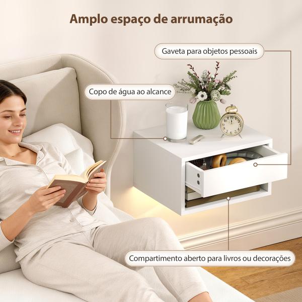 Conjunto de 2 Mesas de Cabeceira Flutuantes com Luzes LED RGB Controlo por APP e Prateleira Aberta 37x32x21 cm Branco