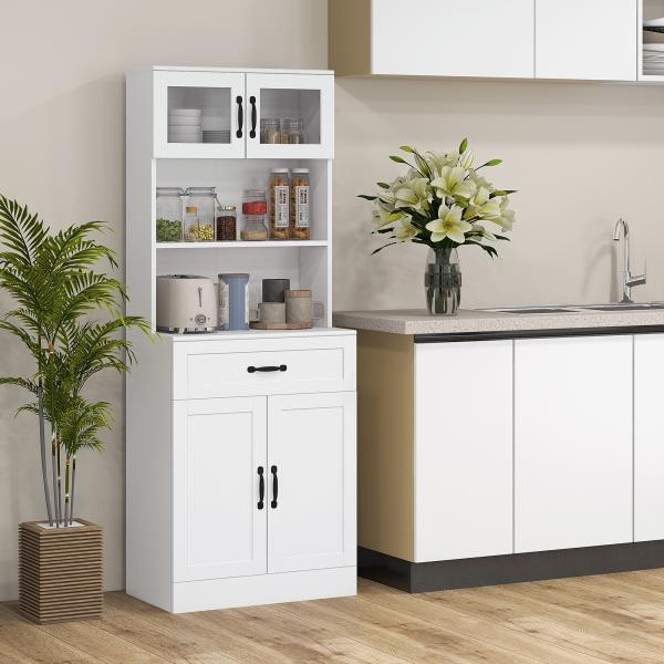 Armário de Cozinha com 4 Portas Gaveta e Prateleiras Ajustáveis para Sala de Jantar Estilo Moderno 60x38x161 cm Branco