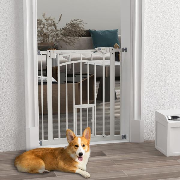 Barreira de Segurança para Cães 74 - 80 cm Porta de Segurança para Animais com Montagem a Pressão e Duplo Bloqueio Branco