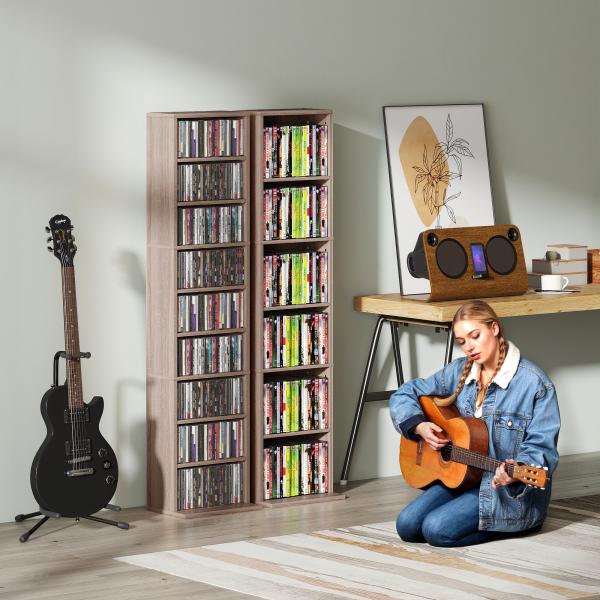 Estante para CDs e DVDs Suportes para CD Estreitos com 9 Compartimentos Prateleiras Ajustáveis 33x24x140 cm Madeira