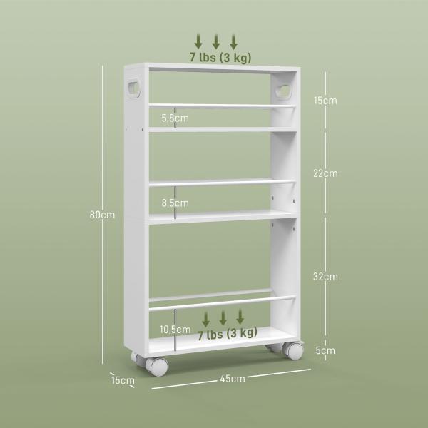 Estante de Casa de Banho com Rodas Carrinho Auxiliar de 3 Níveis com Barras Laterais e Alças 45x15x80 cm Branco
