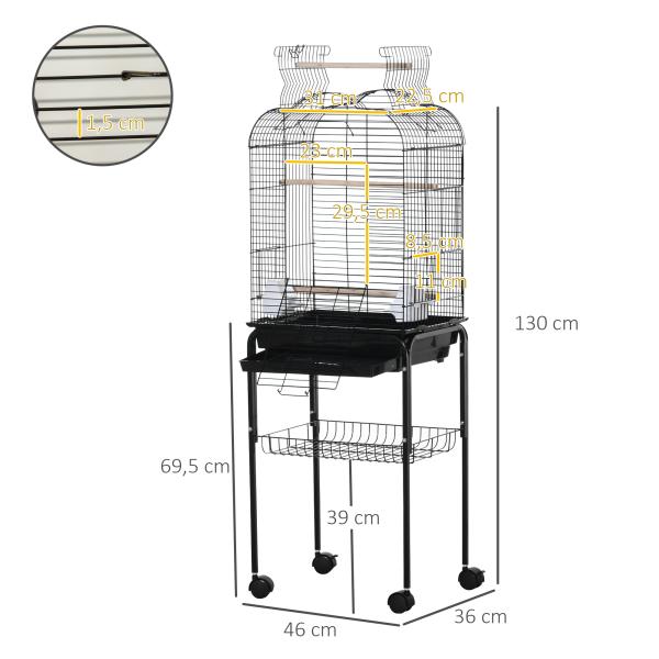 Gaiola para Passáros com Suporte Gaiola com 4 Rodas Teto com Abertura 2 Comedouros 3 Poleiros Bandeja Removível e Prateleira Inferior 46x36x130 cm Preto