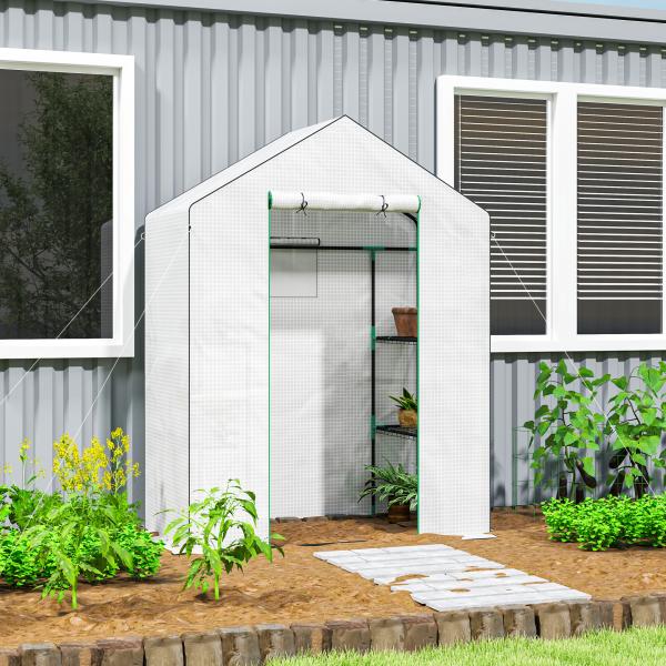 Estufa de Jardim com 1 Porta 2 Janelas e Prateleiras de 2 Níveis em Forma de U para Cultivo de Plantas 140x73x190 cm Branco