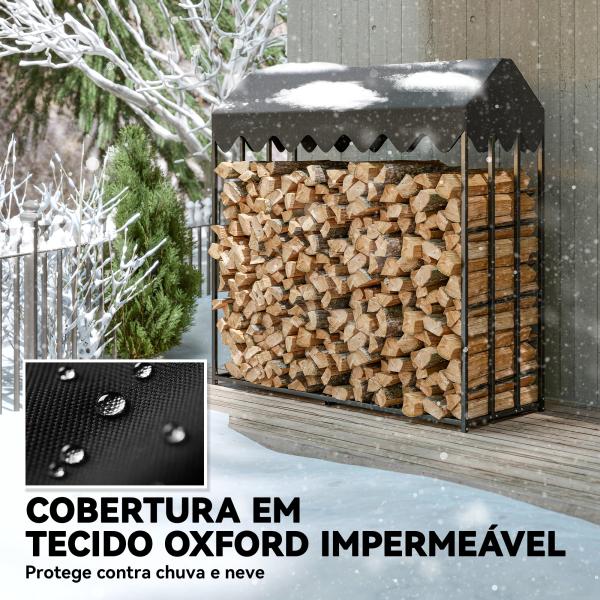 Suporte de Lenha Metálico para Exterior com Cobertura Impermeável, 186x70x185 cm, Preto