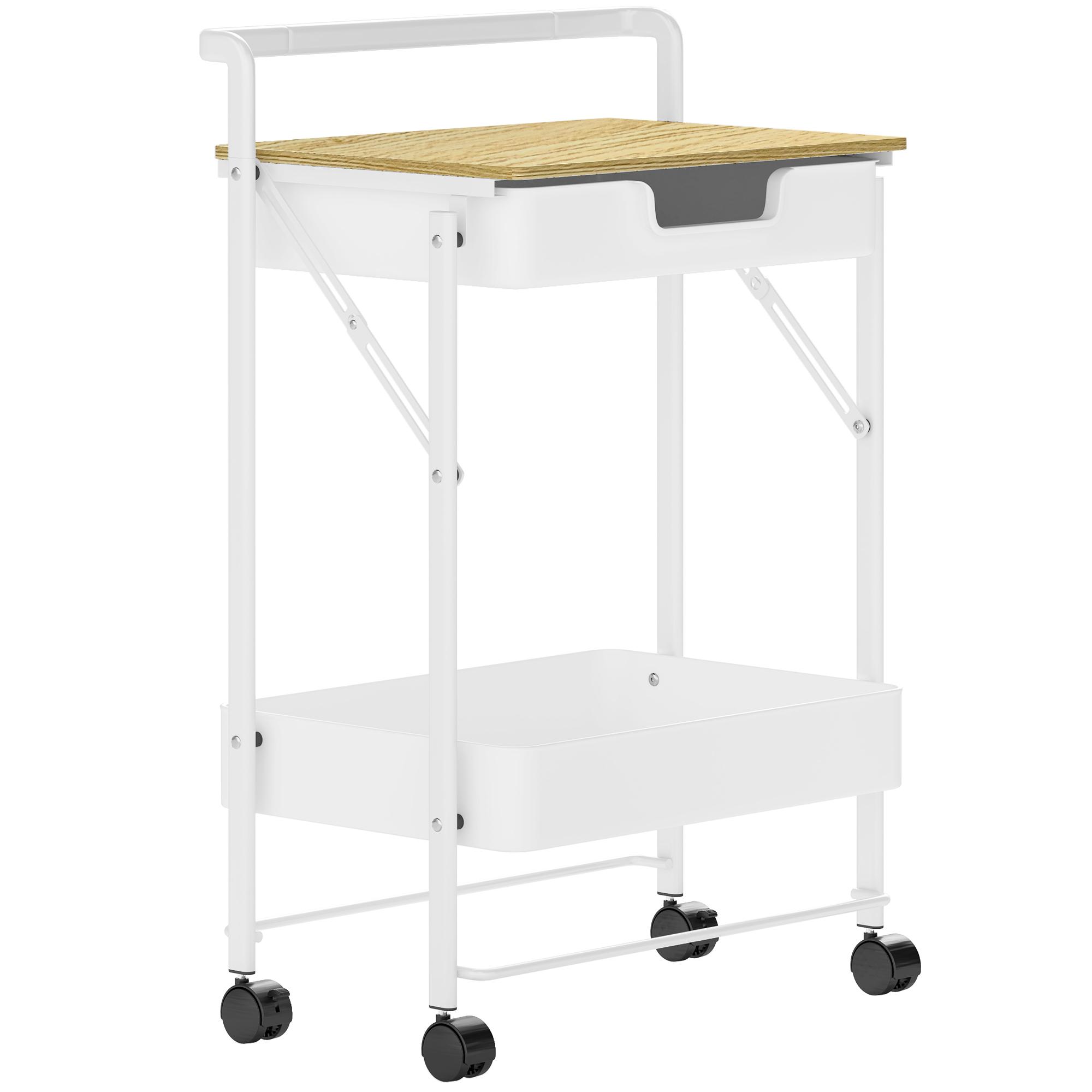 Carrinho Auxiliar com Rodas de 2 Níveis Carrinho de Cozinha com 1 Gaveta e 1 Cesto Carrinho Organizador 45x29,5x68 cm Branco