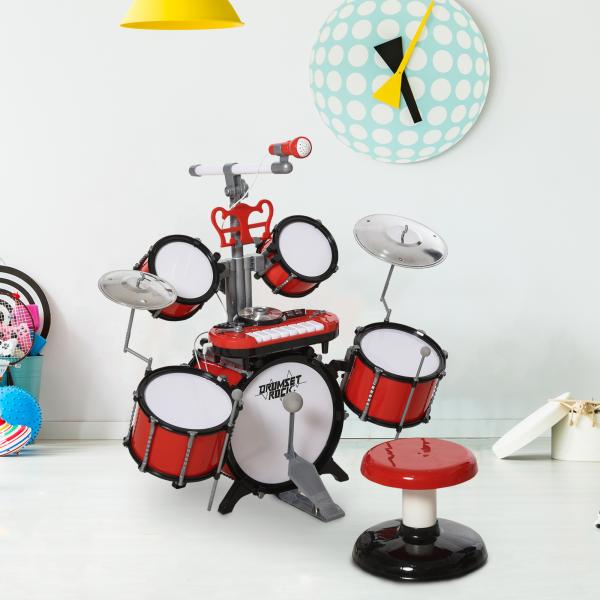 Kit de Bateria Infantil para Crianças Acima de 3 Anos com Tamborete Microfone Pratos Teclado e Vários Efeitos de DJ 77,5x40x76,5 cm Vermelho