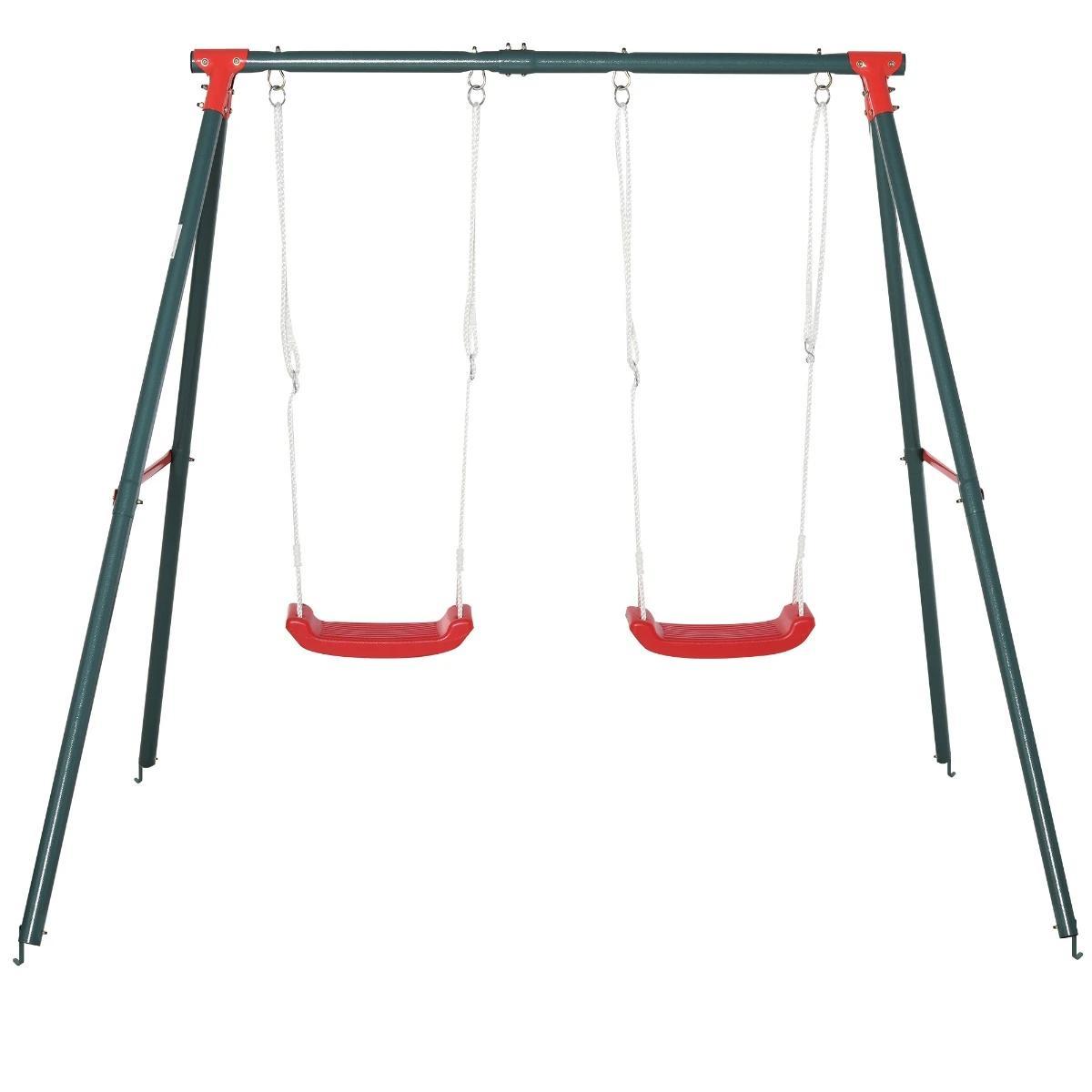 Conjunto de Baloiços para Crianças com Suporte de Metal e Corda Ajustável 220x160x180 cm Verde e Vermelho
