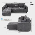 Sofá Chaise Longue Reversível 3 Lugares com 2 Almofadas Estofado em Linho e Estrutura em Aço 242x156x87 cm Cinzento Escuro