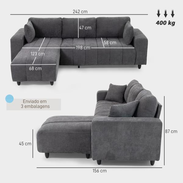 Sofá Chaise Longue Reversível 3 Lugares com 2 Almofadas Estofado em Linho e Estrutura em Aço 242x156x87 cm Cinzento Escuro