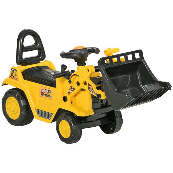 Carro Andador para Crianças Escavadora para Crianças com Pá Dianteira Buzina Volante e Compartimento Oculto 80x26,5x39 cm Amarelo