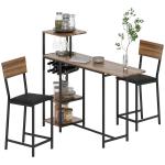 Conjunto de Mesa e Bancos de Bar Mesa Alta de Cozinha com 2 Bancos Laterais Rebatíveis Suporte para Vinhos e Prateleiras Castanho e Preto