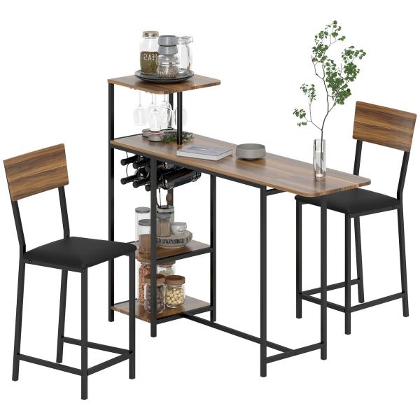 Conjunto de Mesa e Bancos de Bar Mesa Alta de Cozinha com 2 Bancos Laterais Rebatíveis Suporte para Vinhos e Prateleiras Castanho e Preto