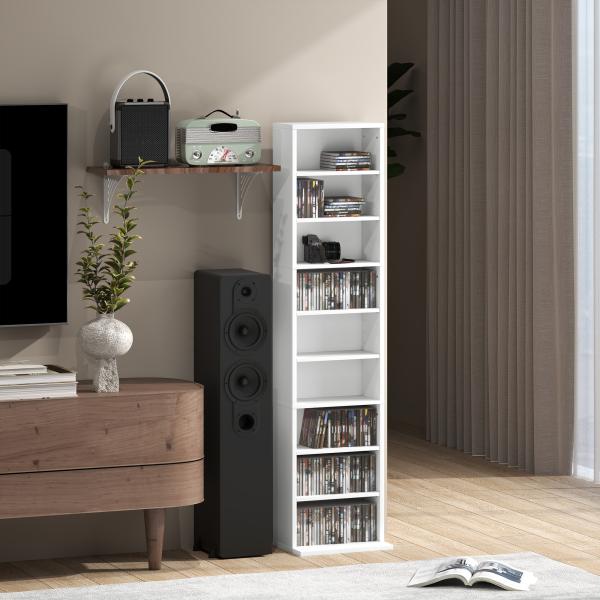 Estante para CDs e DVDs Suportes para CD Estreitos com 9 Compartimentos Prateleiras Ajustáveis 33x24x140 cm Branco