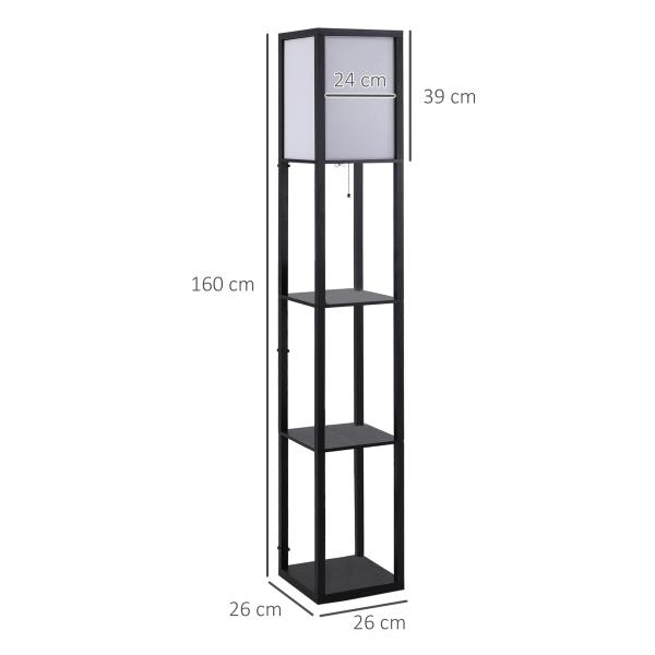 Candeeiro de Pé de Madeira com 3 Prateleiras De Armazenamento para Lâmpada E27 Potência Máx. 40W Candeeiro Moderno para Sala de Estar Dormitório 26x26x160cm Preto