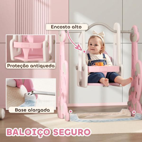 Escorrega Infantil 4 em 1 Parque Infantil com Baloiço e Escorrega Escalador Cesto de Basquetebol 147,5x160x107 cm Rosa