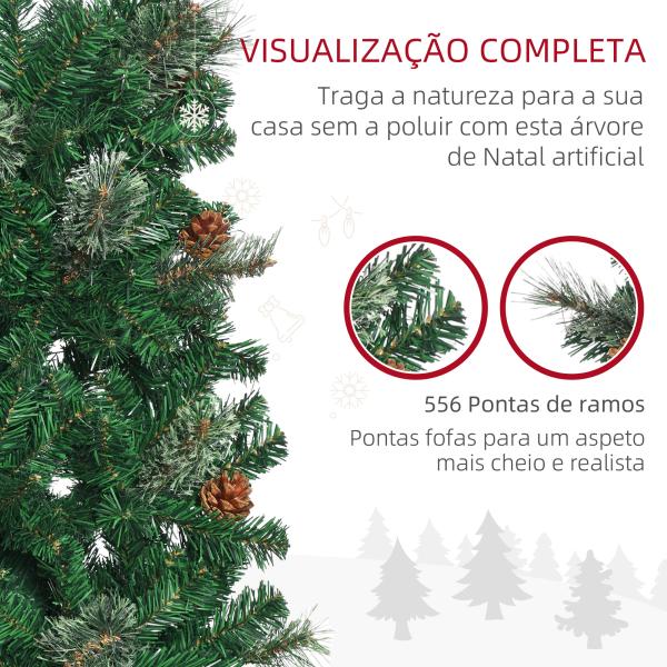 Árvore de Natal Artificial 195 cm Árvore de Natal com 556 Ramos Árvore de Natal Slim com 25 Pinhas Base Dobrável Ø54x195 cm Verde
