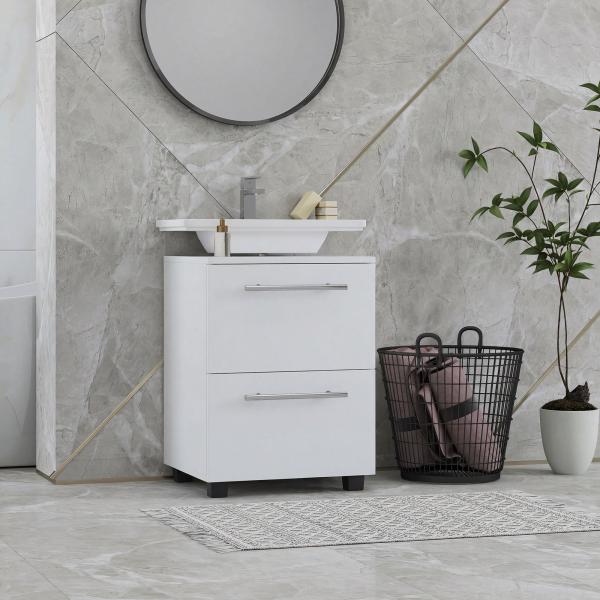 Móvel Sob Lavatório com Gaveta e Armário com Porta Corte em U para Lavatório sem Pedestal 41,5x35,5x59 cm Branco