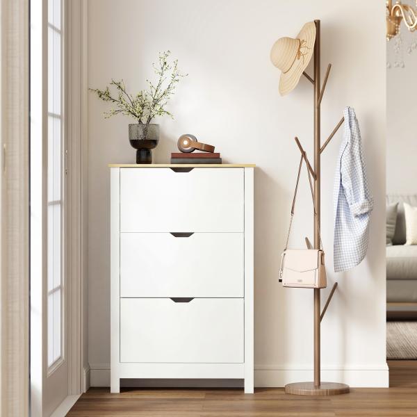 Sapateira Branca Estreita Armário Sapateiro Alto com 3 Gavetas para 18 Pares de Sapatos para Corredor 72x26x112 cm Branco