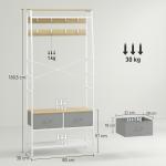 Móvel Cabide de Entrada com Banco Sapateira 8 Ganchos 2 Gavetas de Tecido Barra Prateleira 80x30x180,5 cm Branco e Madeira