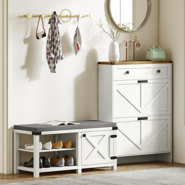 Banco Sapateira Rústico Organizador de Sapatos com Compartimentos para 7 Pares de Sapatos 100x40x48 cm Branco com Veios e Cinza