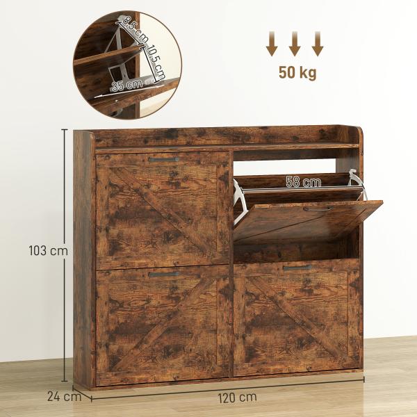 Sapateira de 4 Portas com Prateleiras Ajustáveis Estilo Industrial para 24 Pares de Sapatos 120x24x103 cm Castanho Rústico