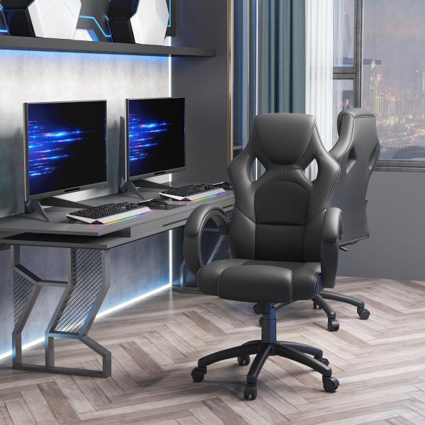 Cadeira de Escritório Ergonómica Cadeira de Escritório Giratória com Altura Ajustável Encosto Alto Estofado em Couro PU e Malha Transpirável 71x61x108 - 118cm Preto