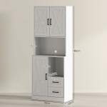 Armário de Cozinha Rústico Armário Alto de Cozinha com Portas Compartimentos Abertos Gavetas e Prateleiras Ajustáveis Anti - Tombo para Sala de Jantar 70x40x180 cm Branco