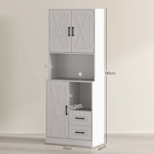 Armário de Cozinha Rústico Armário Alto de Cozinha com Portas Compartimentos Abertos Gavetas e Prateleiras Ajustáveis Anti - Tombo para Sala de Jantar 70x40x180 cm Branco