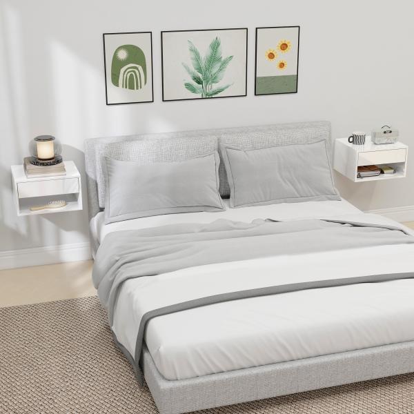 Conjunto de Mesas de Cabeceira Suspensas com Gaveta e Prateleira Aberta 37x32x21 cm Branco Brilhante