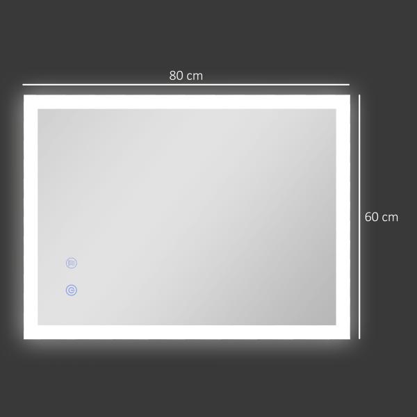 Espelho Casa de Banho com Luzes LED 80x60 cm Função Antiembaciamento 3 Cores Função de Memória e Interruptor Tátil Prata