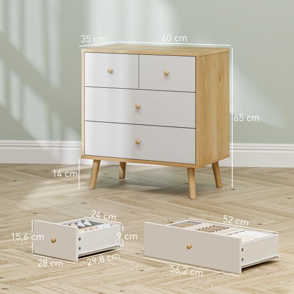 Cômoda de 4 Gavetas com Puxadores de Madeira Cómoda Estreita para Sala Corredor 60x35x65 cm Madeira e Branco