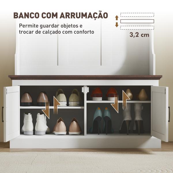 Móvel Cabide de Entrada com Banco Sapateira 5 Ganchos 3 Prateleiras Armário e Compartimentos Estilo Rústico 105x40x180 cm Branco