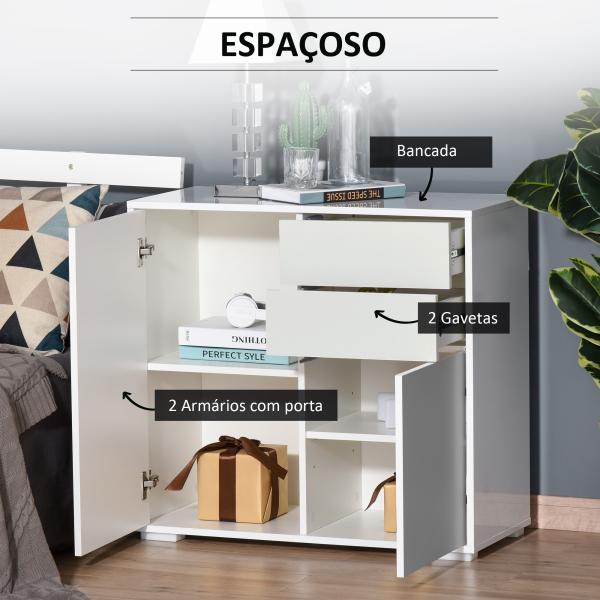 Aparador Auxiliar com 2 Portas 2 Gavetas e Prateleira Ajustável Abertura a Pressão Móvel Organizador de Armazenamento para Dormitório Sala de Estar 79x36x74cm Branco