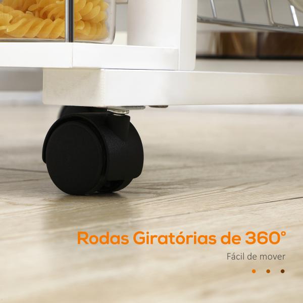 Carrinho de Cozinha com Rodas Gaveta 4 Cestas de Metal e 4 Suportes para Temperos Laterais 57x37x83cm Branco