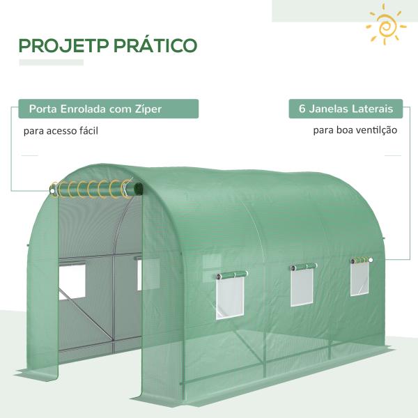 Estufa Tipo Túnel de Jardim 350x200x200cm Estufa de Jardim com 6 Janelas Respiráveis e Porta Enrolável com Zíper para Cultivo de Plantas e Verduras Verde