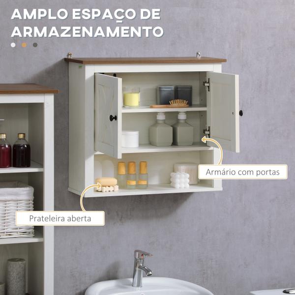 Armário Casa de Banho de Parede com 2 Portas e Prateleiras de Armazenamento 60x19,5x52,5 cm Branco e Madeira