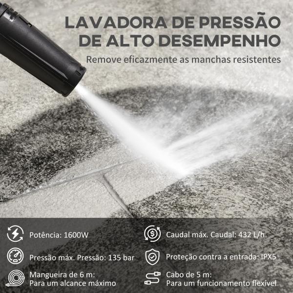 Lavadora de Alta Pressão 1600W Caudal 432 L/h Bomba de Alumínio Pressão de 135 Bar Mangueira de 6 m 32x24x65 cm Azul