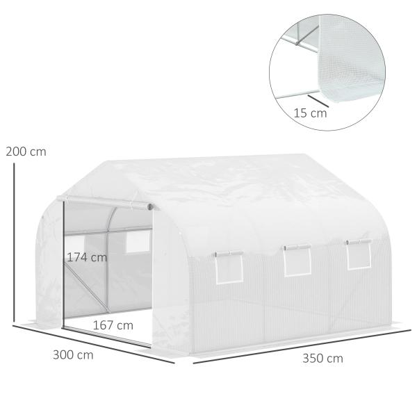 Estufa Tipo Túnel 350x300x200 cm com Porta Enrolável 6 Janelas Estufa para Cultivo de Plantas Verduras Branco