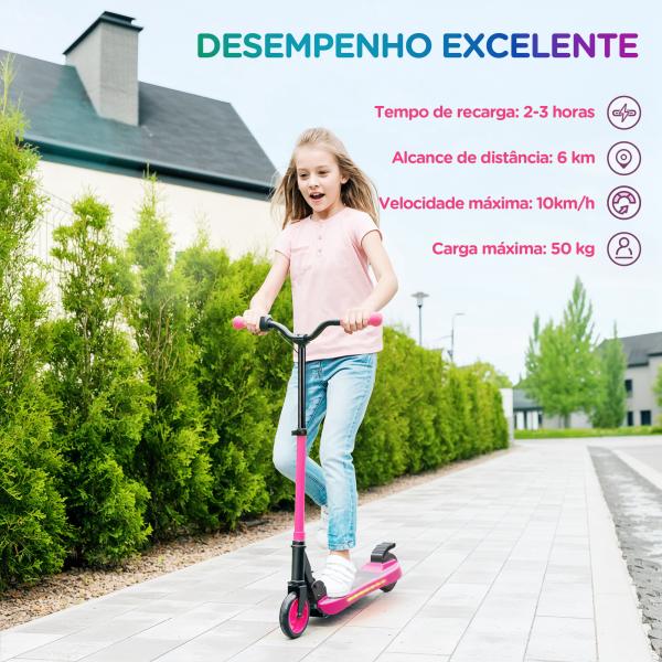 Trotinete Elétrica Dobrável para Crianças 120 W Autonomia 6 km e Máximo 10 km/h com Travão Luzes LED 74x52x83 - 87 cm Rosa