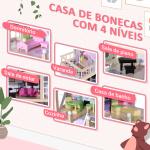 Casa de Bonecas com Móveis e 4 Andares Casa de Bonecas com 13 Acessórios Brinquedo de Imitação 60,5x30x80,5cm Rosa